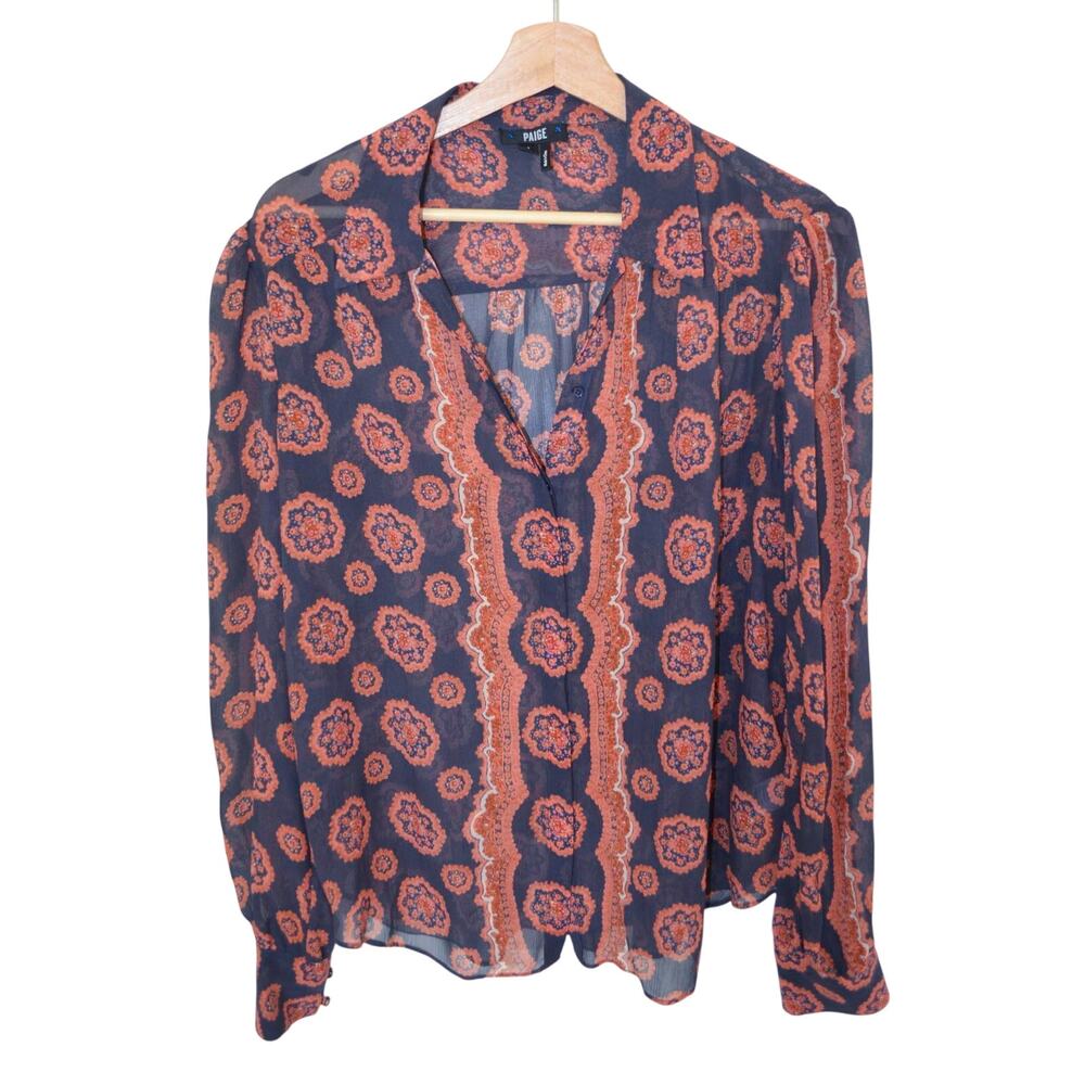 Paige Sheer Silk Dahlia Medallion Print Blouse Size Large